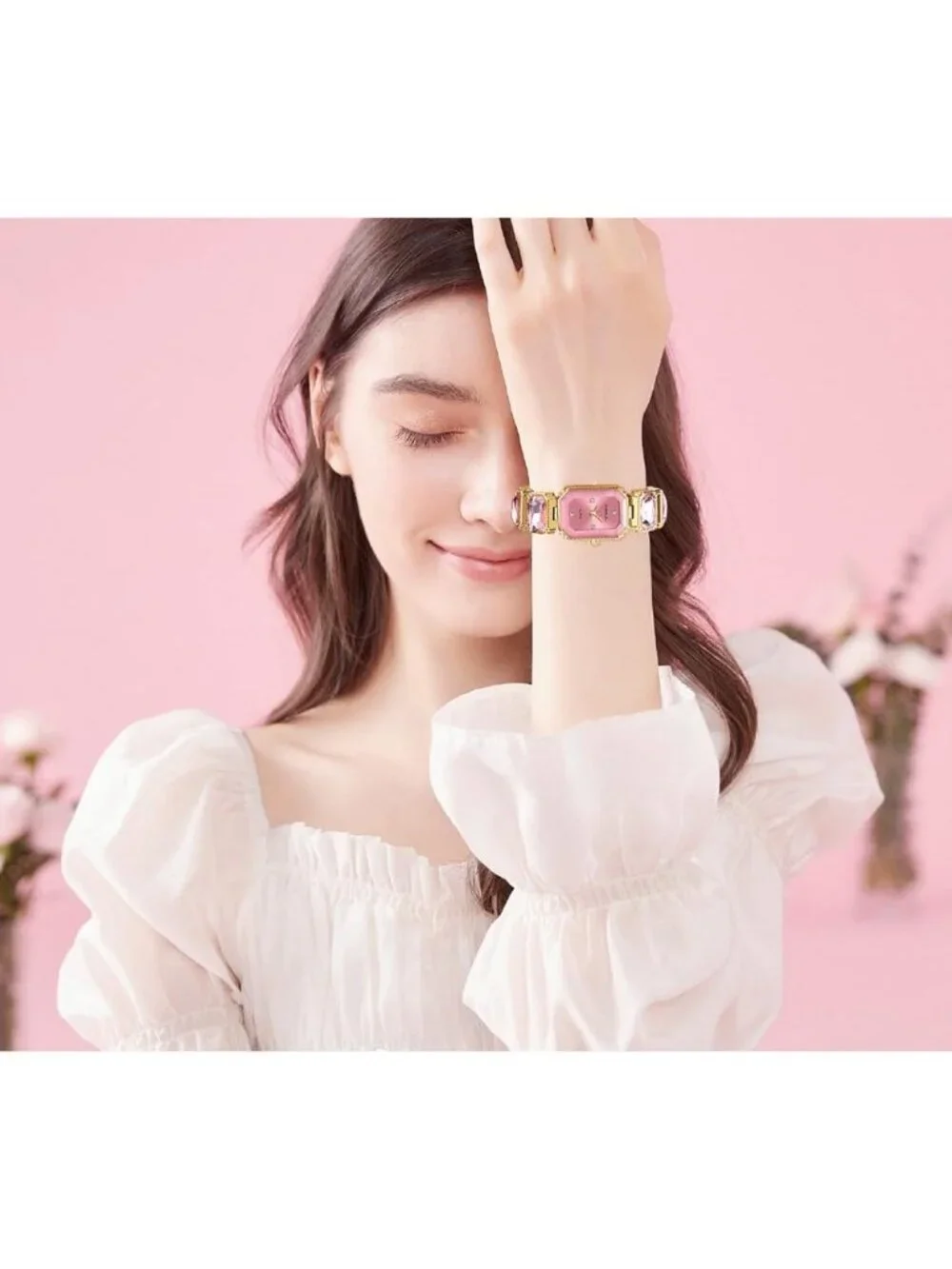 Women's Pink Ladies Square Crystal Quartz Fashion Luxury Movement Wrist Watch
